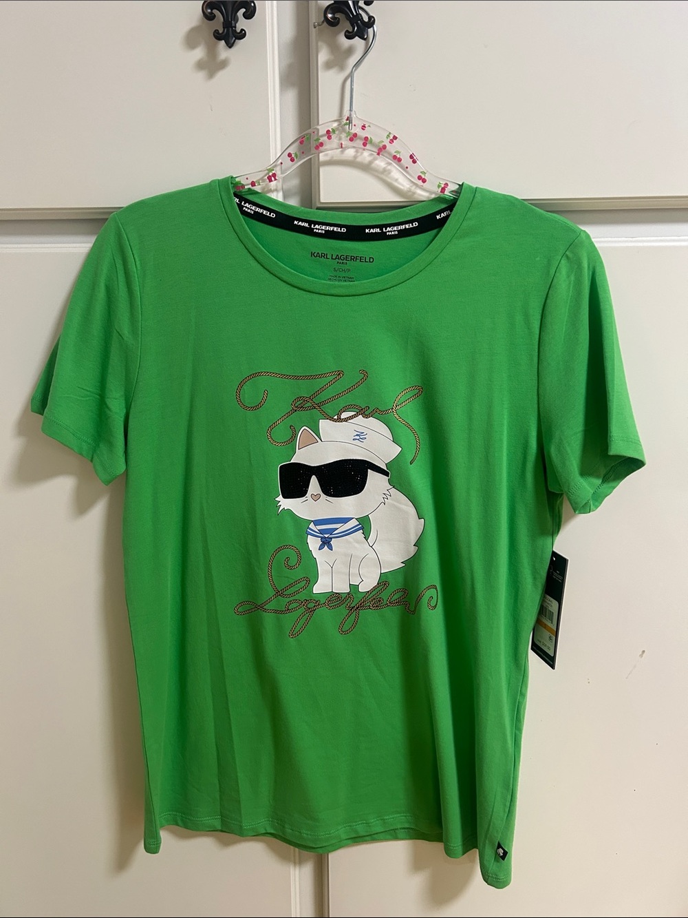 Karl Lagerfeld Green Tee with White Cat Graphic Small NWT